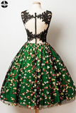 A-Line V-Neck Knee Length Sleeveless Dark Green Lace Homecoming Dress with Appliques HZ0509