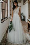 Simple White Tulle Lace A line V neck Open Back Beach Wedding Dresses HZ0509