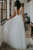 Simple White Tulle Lace A line V neck Open Back Beach Wedding Dresses HZ0509