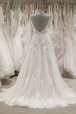 Stunning A line Spaghetti Straps Lace Appliques Backless Wedding Dress HZ0509