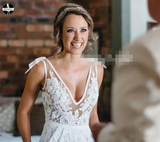 V-Neck Ruched Backless Lace Pockets Mermaid White Wedding Dress HZ0509