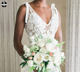 V-Neck Ruched Backless Lace Pockets Mermaid White Wedding Dress HZ0509