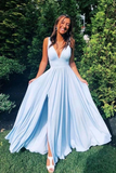Deep V Neck Blue Long Prom Dresses Simple Bridesmaid Dresses HZ0509