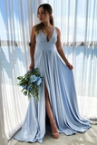 Deep V Neck Blue Long Prom Dresses Simple Bridesmaid Dresses HZ0509