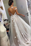 A Line Gray Tulle Open Back Butterfly Sleeveless Long Party Dresses Prom Dresses HZ0509