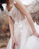 A Line Gray Tulle Open Back Butterfly Sleeveless Long Party Dresses Prom Dresses HZ0509