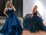 Shiny V Neck Dark Blue Long Prom Dress with Belt, Fluffy Blue Formal Evening Dress, Sparkly Blue Ball Gown HZ0509