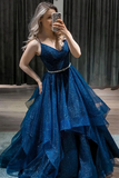 Shiny V Neck Dark Blue Long Prom Dress with Belt, Fluffy Blue Formal Evening Dress, Sparkly Blue Ball Gown HZ0509