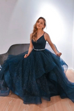 Shiny V Neck Dark Blue Long Prom Dress with Belt, Fluffy Blue Formal Evening Dress, Sparkly Blue Ball Gown HZ0509