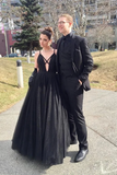 Fashion Spaghetti Straps Black Tulle A Line Prom Dresses Floor Length Evening Party Dresses HZ0509