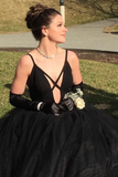 Fashion Spaghetti Straps Black Tulle A Line Prom Dresses Floor Length Evening Party Dresses HZ0509