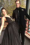 Fashion Spaghetti Straps Black Tulle A Line Prom Dresses Floor Length Evening Party Dresses HZ0509