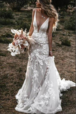 Tulle Lace Mermaid Backless Deep V Neck Wedding Dresses, Bridal Gown HZ0509