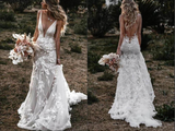 Tulle Lace Mermaid Backless Deep V Neck Wedding Dresses, Bridal Gown HZ0509