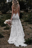 Tulle Lace Mermaid Backless Deep V Neck Wedding Dresses, Bridal Gown HZ0509