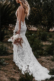 Tulle Lace Mermaid Backless Deep V Neck Wedding Dresses, Bridal Gown HZ0509