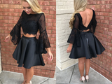 A line Bateau Mini Satin Beaded Appliqued Two Piece Homecoming Dresses HZ0509