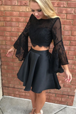 A line Bateau Mini Satin Beaded Appliqued Two Piece Homecoming Dresses HZ0509