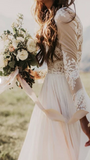 Vintage Long Sleeve Ivory Lace Chiffon Scoop Wedding Dresses Country Wedding Gowns HZ0509