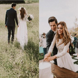 Vintage Long Sleeve Ivory Lace Chiffon Scoop Wedding Dresses Country Wedding Gowns HZ0509