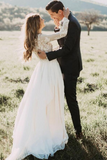 Vintage Long Sleeve Ivory Lace Chiffon Scoop Wedding Dresses Country Wedding Gowns HZ0509