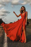 Sexy Simple Deep V neck Side Split Chiffon Prom Dresses HZ0509