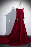 Line Wine Red Velvet Long Sleeves Low Back Prom Dress, Party Dress HZ0509