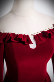 Line Wine Red Velvet Long Sleeves Low Back Prom Dress, Party Dress HZ0509