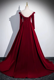 Line Wine Red Velvet Long Sleeves Low Back Prom Dress, Party Dress HZ0509