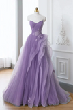 Purple A Line Tulle with Lace Applique Prom Dress, Long Formal Dress HZ0509