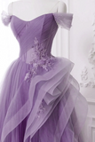 Purple A Line Tulle with Lace Applique Prom Dress, Long Formal Dress HZ0509