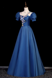 Blue Tulle Lace Long Prom Dress, Blue High Neck A Line Evening Dress HZ0509