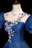 Blue Tulle Lace Long Prom Dress, Blue High Neck A Line Evening Dress HZ0509