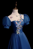 Blue Tulle Lace Long Prom Dress, Blue High Neck A Line Evening Dress HZ0509