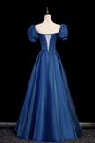 Blue Tulle Lace Long Prom Dress, Blue High Neck A Line Evening Dress HZ0509