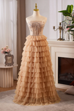 Line Tulle Lace Champagne Long Prom Dress With Beads HZ0509