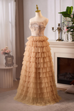 Line Tulle Lace Champagne Long Prom Dress With Beads HZ0509
