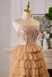 Line Tulle Lace Champagne Long Prom Dress With Beads HZ0509
