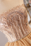 Line Tulle Lace Champagne Long Prom Dress With Beads HZ0509