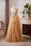 Line Tulle Lace Champagne Long Prom Dress With Beads HZ0509