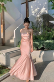 Soft Satin Spaghetti Straps Mermaid Long Prom Dress, Pink Satin Party Dress HZ0509