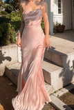Soft Satin Spaghetti Straps Mermaid Long Prom Dress, Pink Satin Party Dress HZ0509
