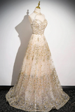 Tulle Sequins Floor Length Prom Dress, Shiny A Line Evening Party Dress HZ0509