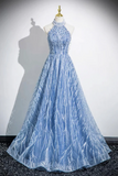 Tulle Sequins Floor Length Prom Dress, Blue Halter A Line Evening Dress HZ0509
