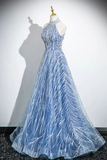 Tulle Sequins Floor Length Prom Dress, Blue Halter A Line Evening Dress HZ0509