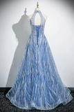 Tulle Sequins Floor Length Prom Dress, Blue Halter A Line Evening Dress HZ0509
