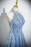 Tulle Sequins Floor Length Prom Dress, Blue Halter A Line Evening Dress HZ0509