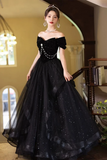 Line Black Off Shoulder Tulle and Velvet Party Dress, Black Floor Length Prom Dress HZ0509
