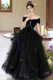 Line Black Off Shoulder Tulle and Velvet Party Dress, Black Floor Length Prom Dress HZ0509