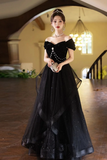 Line Black Off Shoulder Tulle and Velvet Party Dress, Black Floor Length Prom Dress HZ0509